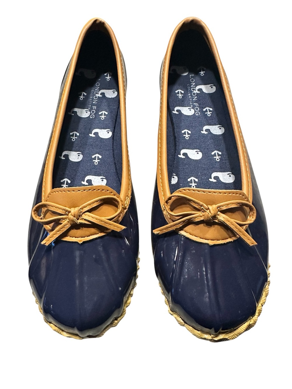 London Fog Webster Rain Shoe size 8 Navy and Tan Bow-Trim Rain Ballet Flats